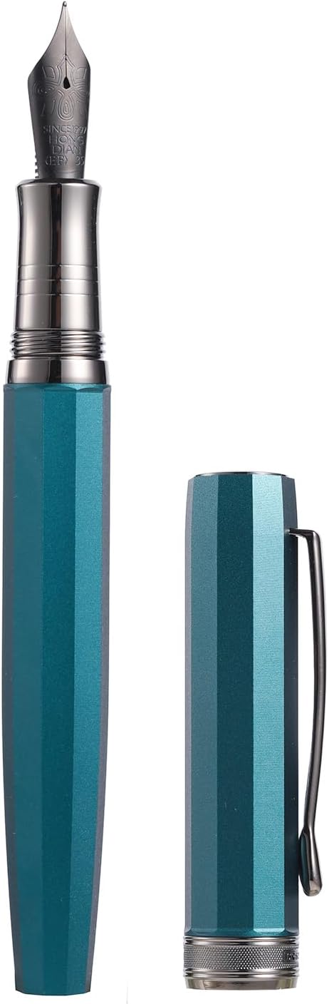 Fountain Pen, Titanium-Coated Black Extra Fine Soft Nib, Peacock Blue & Octagonal Geometric Design with Metal Case Set