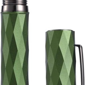 Fountain Pen, Titanium-Coated Black Fine Soft Nib, Grass Green & Lozenge Geometric Design with Metal Case Set