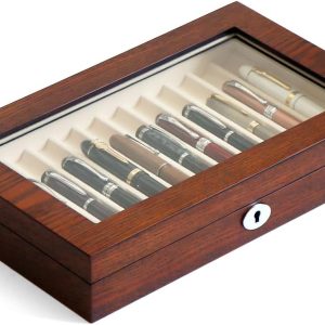 Fountain Pen Display Case 12 Pens, Wood Pen Display Box, Lockable Pen Storage Box with Glass and High-End Hardware, Pen Box Organizer, Pen Collection Display Case (Brown with White Velvet)