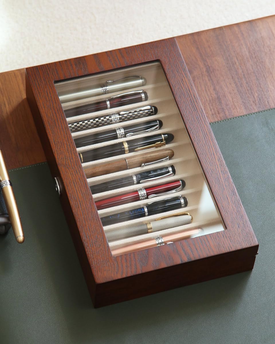 Fountain Pen Display Case 12 Pens, Wood Pen Display Box, Lockable Pen Storage Box with Glass and High-End Hardware, Pen Box Organizer, Pen Collection Display Case (Brown with White Velvet) - Image 2