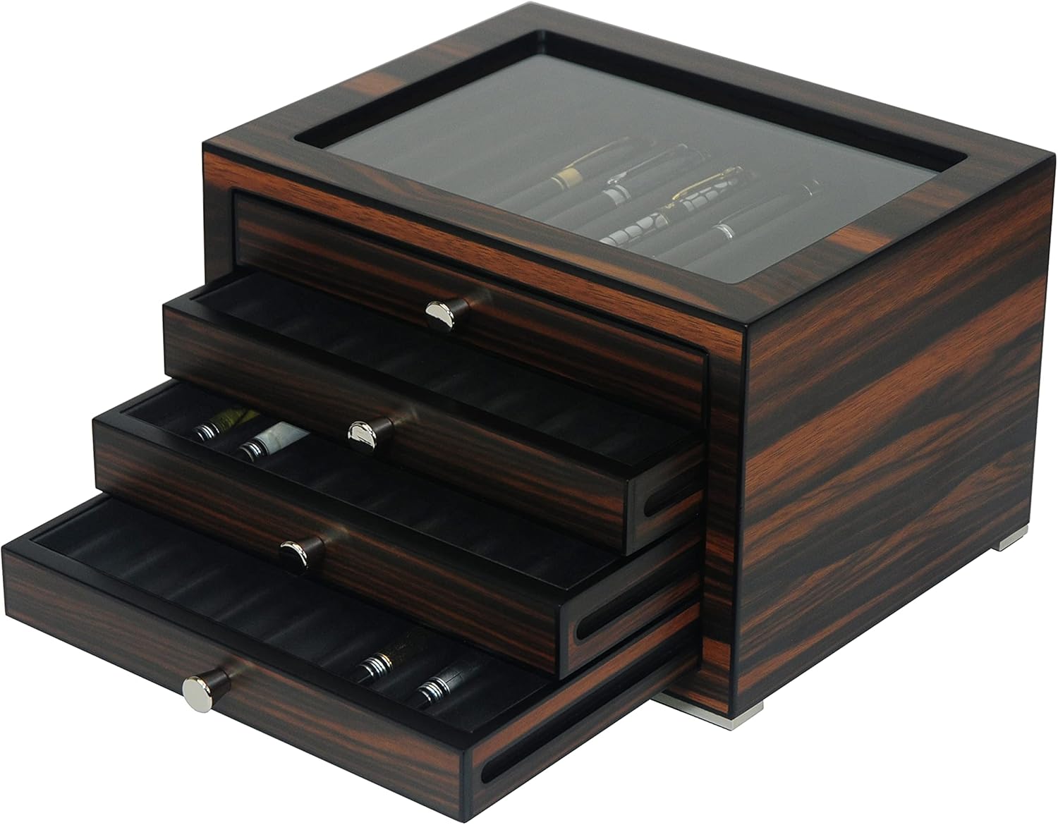 Wood 32 slots Fountain Pen Box with Glass Window and 4 pull-out Drawers, Luxury Fountain Pen Holder,