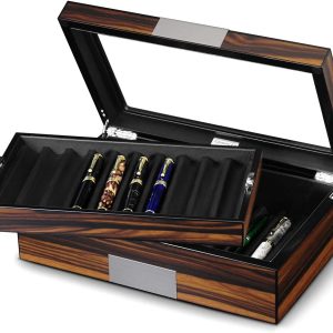 Pen Display Box Ebony Wood Display Case with Glass Window and Tray - Holds Up to 20 Pens