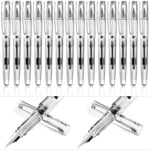 16 Pieces Fountain Pen Refillable Disposable Fountain Pens for Writing Fine Nib Signature Ink Pen Piston Filling Pen for Calligraphy Painting, Drawing, School, Scrapbook and Sketch(Clear Color)